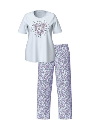 Vaaleansininen lyhythihainen paita, jossa on kukkakuosi. Yhteensopivat purppurakukka-kuosiset pyjamahousut, joissa on joustava vyötärö. Puuvilla-sekoitekangasta.