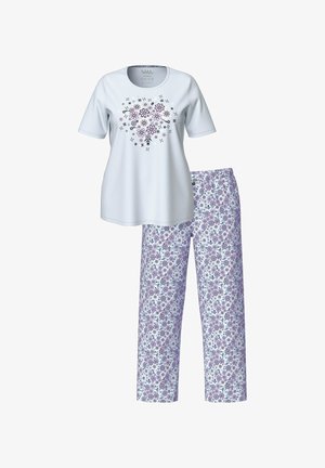 Jasnoniebieska bluzka z krótkim rękawem z kwiatowym wzorem. Pasujące fioletowe piżama z nadrukiem kwiatowym, z elastycznym pasem. Materiał z mieszanki bawełny.