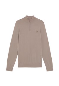Beige, langärmliger Pullover mit einem halben Reißverschluss am Kragen. Besitzt ein kleines gesticktes Logo auf der Brust. Hergestellt aus einem glatten, leichten Material.