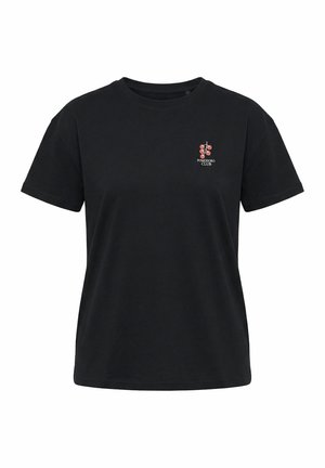 T-shirt noir à manches courtes avec un petit bouquet de tomates rouges et le texte « POMODORO CLUB » sur la poitrine gauche.