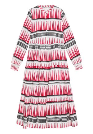 Robe longue à manches longues avec motif géométrique en pointes rouges et noires sur fond blanc, col rond, poignets élastiques.