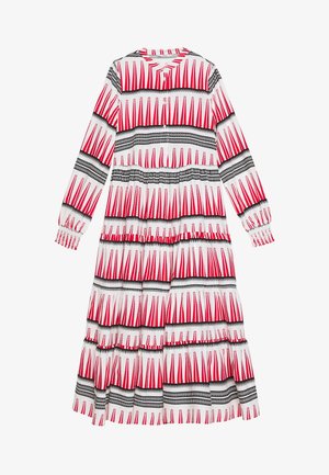 Long-sleeve tiered dress with red and black geometric spikes pattern on white background, round neckline, elastic cuffs.