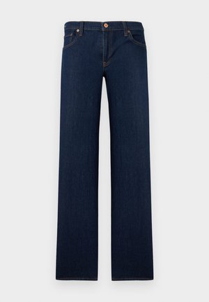 Dark blue straight-leg denim jeans with five pockets and a button closure at the waist.