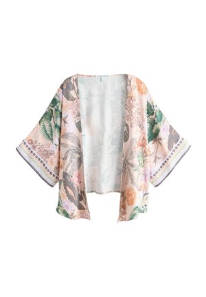 Lyserød kimono med åben front og brede ærmer, med et blomster- og bladmotiv i grønne, orange og lilla toner.