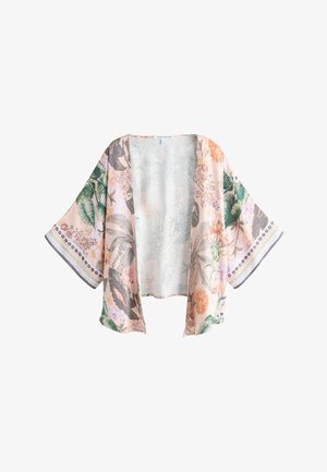 Heleroosa avatud esiküljega kimonoga, millel on laiad varrukad ja lillene ning lehtedega muster rohelises, oranžis ja lillakas toonis.