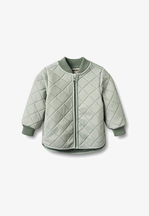 Hellgrüne, gesteppte Jacke für Kleinkinder mit Frontreißverschluss, geripptem Kragen, Bündchen und Saum, auf weißem Hintergrund dargestellt.