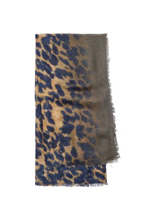Szalik w print lamparta w odcieniach niebieskiego i beżu, z frędzlami. Wykonany z lekkiego materiału o miękkiej fakturze.