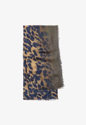 Szalik w print lamparta w odcieniach niebieskiego i beżu, z frędzlami. Wykonany z lekkiego materiału o miękkiej fakturze.