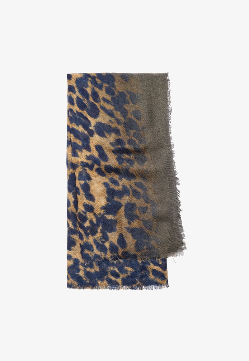 Szalik w print lamparta w odcieniach niebieskiego i beżu, z frędzlami. Wykonany z lekkiego materiału o miękkiej fakturze.