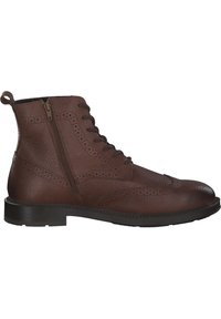 Brown leather ankle boot with a brogue design, featuring a side zipper, rounded toe, and a textured finish. Rubber sole provides traction.