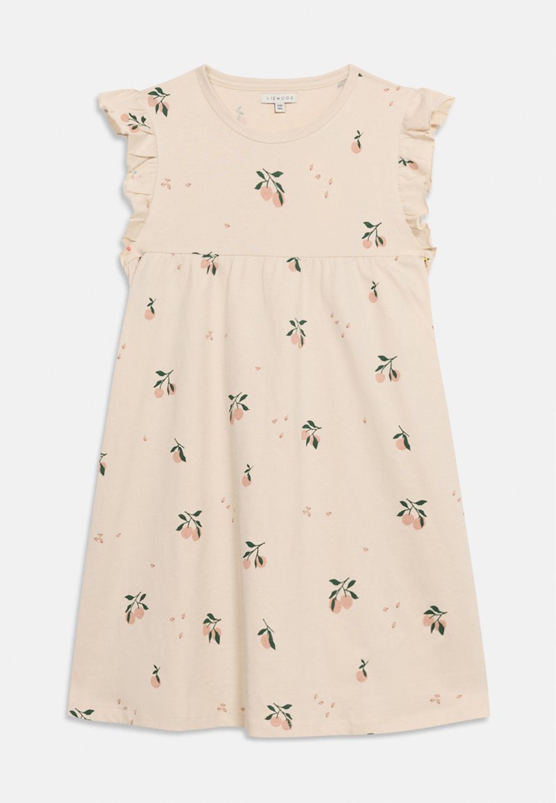Κρεμ αμάνικο φόρεμα για νήπια με βολάν στους ώμους και σχέδιο με ροζ φρούτα και πράσινα φύλλα διασκορπισμένα.