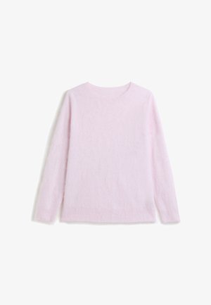 Light pink, long-sleeve sweater with a rounded neckline. Soft, textured fabric, relaxed fit, no visible patterns or embellishments.