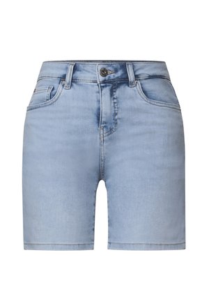 Světle modré denimové šortky s pěti kapsami, předním zapínáním na knoflík a kontrastním prošíváním. Hladká textura a minimální vyblednutí látky.