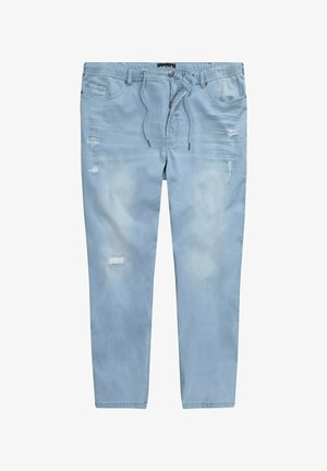 Hellblaue Denim-Jeans mit schmalem Schnitt, die ausgefranste Details, Fronttaschen und einen elastischen Bund mit Kordelzug aufweisen.