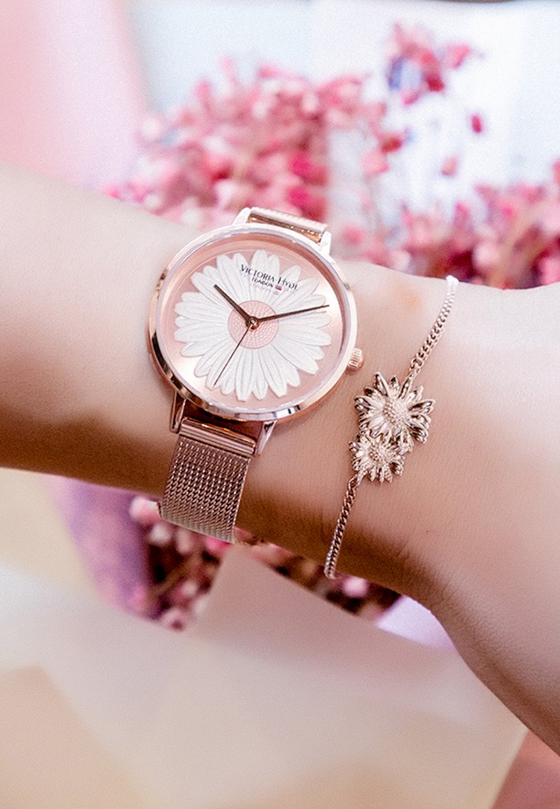 Orologio Donna Victoria Hyde Oro Rosa, Movimento Quarzo Giapponese, Quadro Floreale, Cinturino In Acciaio A Maglia, 36 Mm, Impermeabile 30 M