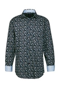 Camicia a maniche lunghe blu scuro con un piccolo motivo floreale bianco, colletto e polsini azzurri, chiusura con bottoni e orlo dritto.