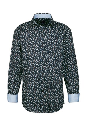 Dunkelbluse Langarmhemd mit einem kleinen weißen Blumenmuster, hellblauem Kragen und Manschetten, durchgeknöpft und geradem Saum.