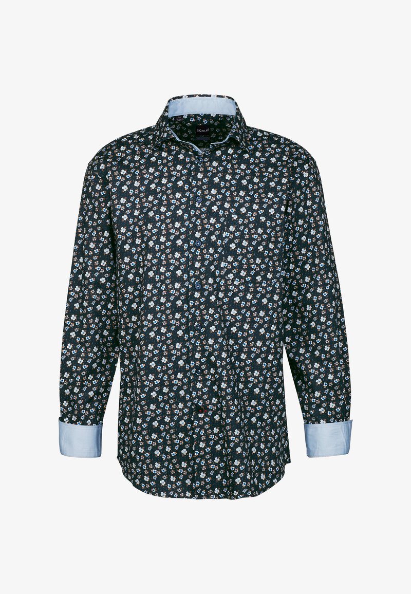 Camicia a maniche lunghe blu scuro con un piccolo motivo floreale bianco, colletto e polsini azzurri, chiusura con bottoni e orlo dritto.