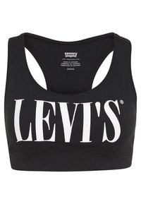 Svart crop top med en bred vit "LEVI'S"-logotyp. Tillverkad av bomull med en slät yta. Racerback-design och elastisk nederkant.