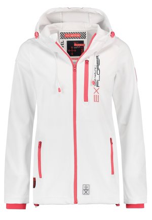 Biała kurtka softshell z kapturem, różowymi zamkami, kieszenią na piersi oraz napisem "Explorer" na prawej piersi, metka z rozmiarem medium wewnątrz kołnierza.