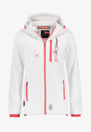 Biała kurtka softshell z kapturem, różowymi zamkami, kieszenią na piersi oraz napisem "Explorer" na prawej piersi, metka z rozmiarem medium wewnątrz kołnierza.