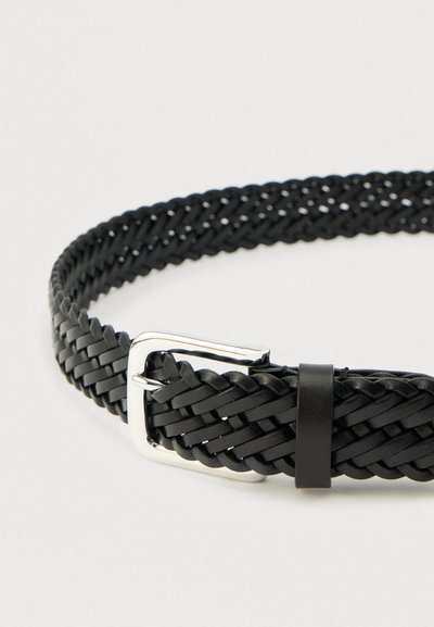 Black braided leather belt with silver buckle and leather loop on a plain light background.