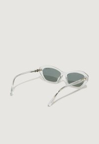 Przezroczyste okulary przeciwsłoneczne w kształcie kociego oka z ciemnymi soczewkami, półprzezroczystymi oprawkami i srebrnymi akcentami na zawiasach. Smukły, kątowy design.