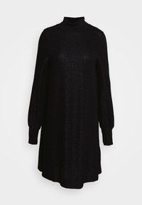 Abito in maglione nero con collo alto a risvolto. Maniche lunghe e voluminosi con una forma svasata. Il tessuto ha una leggera lucentezza e una morbida texture.