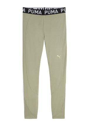 Olive zielone legginsy z czarnym elastycznym pasem, na którym widnieje napis "PUMA" w białym kolorze. Wykonane z gładkiego materiału z zaokrąglonymi szwami.