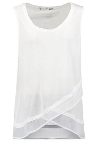 Top senza maniche bianco con scollatura arrotondata, caratterizzato da sottili motivi mandala in rilievo e un orlo trasparente stratificato per un tocco di texture in più.