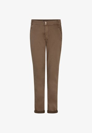 Brune bomuldsbukser med lige pasform, to frontlommer, lukning med knap og lynlås samt opfoldede ben i anklen. Glat tekstur.