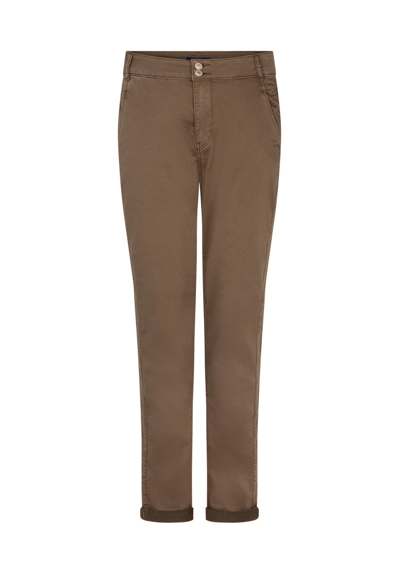 Brune bomuldsbukser med lige pasform, to frontlommer, lukning med knap og lynlås samt opfoldede ben i anklen. Glat tekstur.