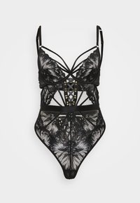 Black lace bodysuit with floral patterns, strappy details, underwire cups, and a corset-style lace-up front on a white background.