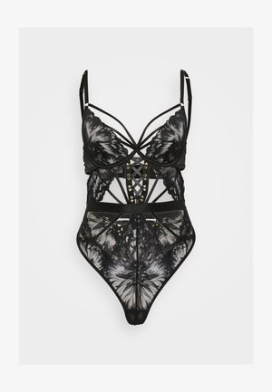 Black lace bodysuit with floral patterns, strappy details, underwire cups, and a corset-style lace-up front on a white background.