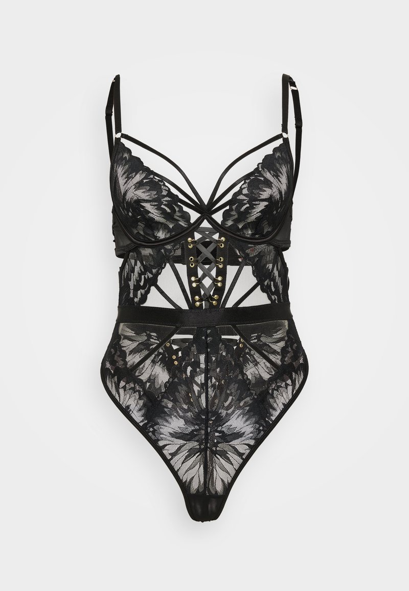 Black lace bodysuit with floral patterns, strappy details, underwire cups, and a corset-style lace-up front on a white background.