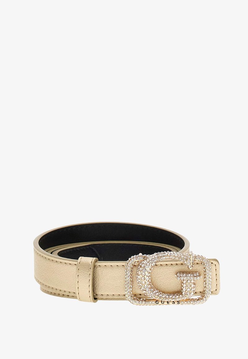 Cintura in pelle beige con una fibbia ornata e lucida caratterizzata da un design a 'G' decorato con strass trasparenti. Fodera interna nera.