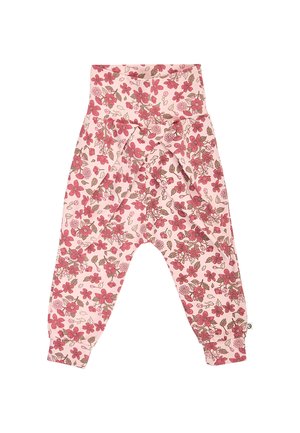 Lyserøde babybukser med rødt og brunt blomsterprint og en stor stofsløjfe foran.
