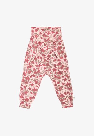 Rosa Babyhosen mit rotem und braunem Blumenmuster und einer großen Stoffschleife vorne.