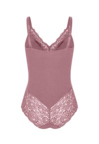 Rosenfarbener Bodysuit mit verstellbaren Trägern. Verfügt über eine Spitzenborte am Ausschnitt und ein florales Spitzenmuster auf dem Rücken. Glatte Textur.