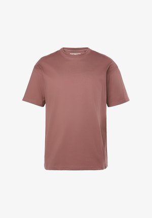 Koszulka z krótkim rękawem w odcieniu przybrudzonego różu, wykonana z gładkiego materiału, z okrągłym dekoltem i luźnym krojem. Brak widocznych wzorów lub grafik.