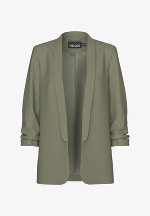 Olive green blazer with a smooth texture, open front, and rolled sleeves. Features a tailored design with no visible fastenings.