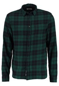 Zeleno-černá kostkovaná flanelová košile, dlouhé rukávy, zapínání na knoflíky vpředu, jedna kapsa na hrudi, strukturovaná tkanina, volný střih.