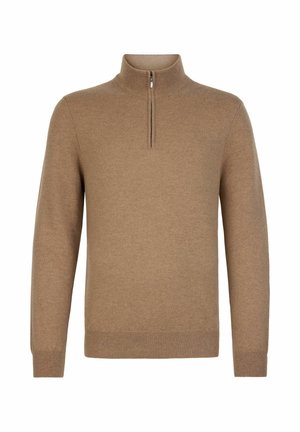 Brązowy długi sweter z dzianiny z wysokim kołnierzem i krótkim zamkiem z przodu, z prążkowymi mankietami i dołem.