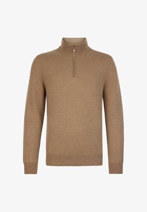 Brązowy długi sweter z dzianiny z wysokim kołnierzem i krótkim zamkiem z przodu, z prążkowymi mankietami i dołem.