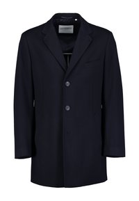 Cappotto in misto lana blu navy con colletto a punta, due bottoni, due tasche frontali e una tasca sul petto. Linee pulite e vestibilità strutturata.