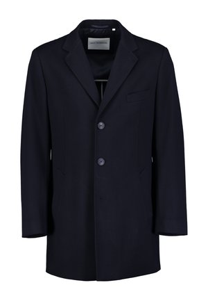 Cappotto in misto lana blu navy con colletto a punta, due bottoni, due tasche frontali e una tasca sul petto. Linee pulite e vestibilità strutturata.