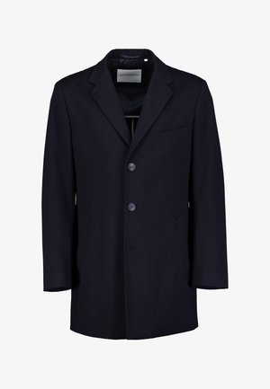 Marineblauer Wollmischungs-Mantel mit einem Reverskragen, zwei Knöpfen, zwei vorderen Taschen und einer Brusttasche. Klare Linien und strukturiert Schnitt.