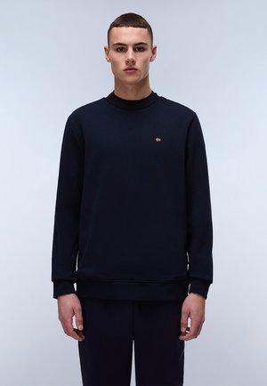 Marineblaue Rundhalsausschnitt-Sweatshirt aus weichem Material, mit gerippten Bündchen und Saum, verziert mit einem kleinen Logo auf der Brust.