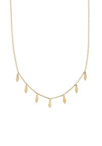 Collana in metallo dorato con una delicata catena e sette ciondoli a forma di foglia, ognuno con incisioni dettagliate e equidistanti.