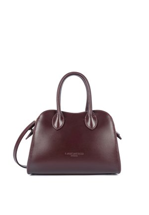 Borsa a mano in pelle bordeaux scuro con due manici arrotondati, tracolla rimovibile e marchio in rilievo discreto sulla parte anteriore.